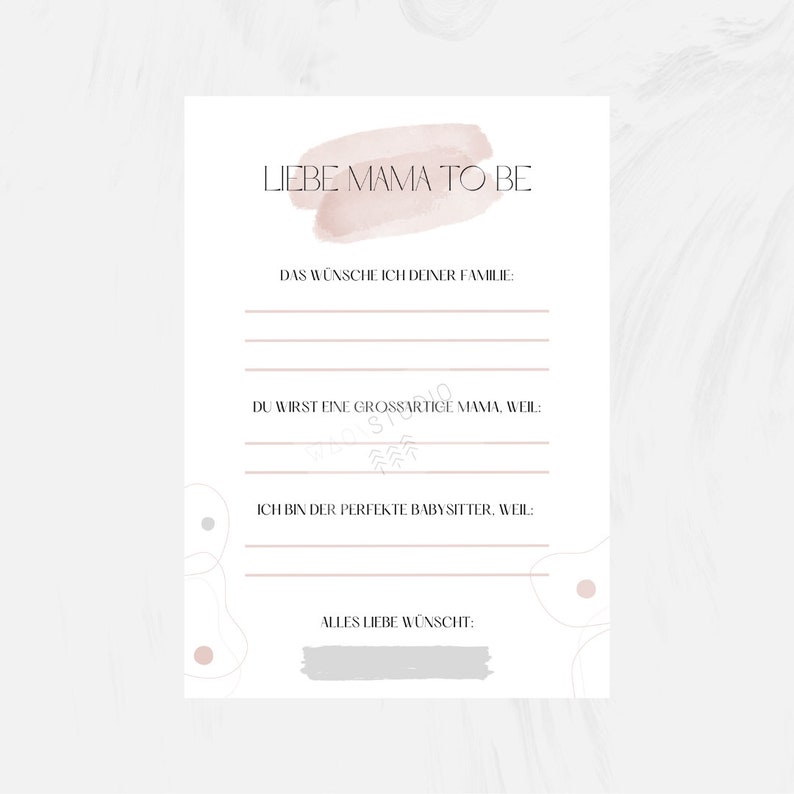 K&ouml;nnte beinhalten: Eine druckbare Babyparty-Spielkarte mit rosafarbenem Aquarellhintergrund. Die Karte tr&auml;gt den Text "Liebe Mama to be" und enth&auml;lt Aufforderungen f&uuml;r die G&auml;ste, Nachrichten f&uuml;r die werdende Mutter zu schreiben.