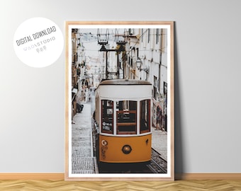 Ready made to print out for any ratio. Printable wall art Lisbon print A yellow tram up the hill in Lisbon color travel photography
