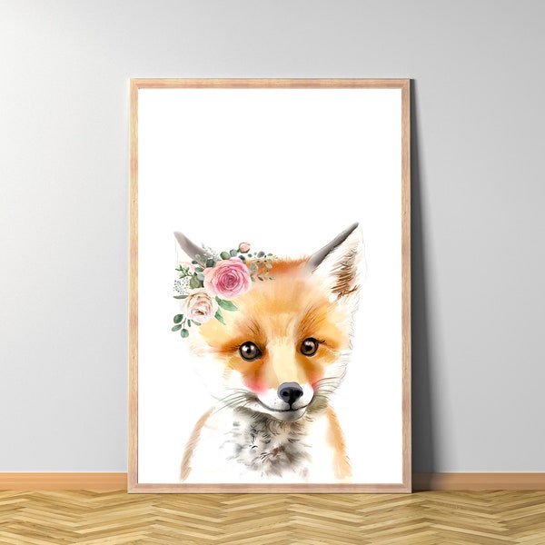 Fuchsbaby Blumen, Fuchs Blumenkranz Poster, Tier Blumenkrone, Tierbaby Blumenschmuck Wandbild,  sofort Ausdruck, Digitale Datei, Wasserfarbe