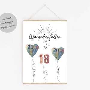 Druckbare 18. Geburtstagskarte mit weißem Hintergrund und schwarzem Text. Der Text lautet "Wunschentfüller" und "Happy Birthday" mit zwei herzförmigen Ballons mit 20 Euro-Scheinen darauf.