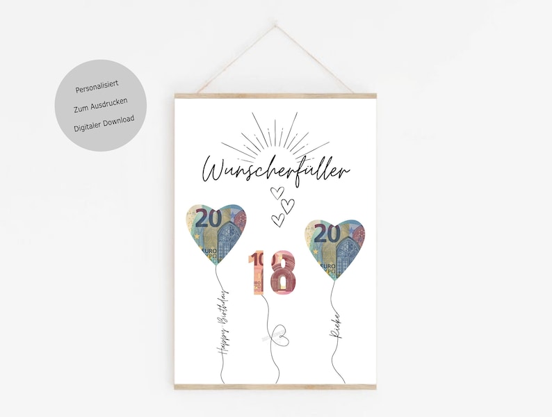 Druckbare 18. Geburtstagskarte mit weißem Hintergrund und schwarzem Text. Der Text lautet "Wunschentfüller" und "Happy Birthday" mit zwei herzförmigen Ballons mit 20 Euro-Scheinen darauf.