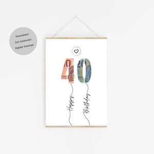 May include: Printable 40th birthday card with the number 40 made of euro bills. The text "Happy Birthday" is written below the number.