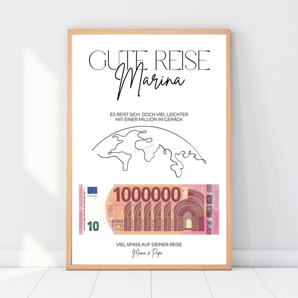 Geldgeschenk für eine Reise personalisiert zum Ausdrucken, Geldscheine Reisegeschenk, Deine erste Million Reisegeld Urlaub Reisekasse, A4