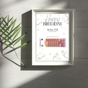 May include: A white framed card with a Happy Birthday message, confetti, and a 100,000 Euro bill. The card says "Happy Birthday Malte 04.07.1995 Deine erste Million"