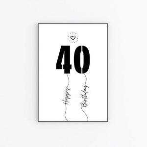 May include: Black and white printable art print with the number 40 in large bold font, with the words "Happy Birthday" written in a script font below the number. A small heart is above the number.