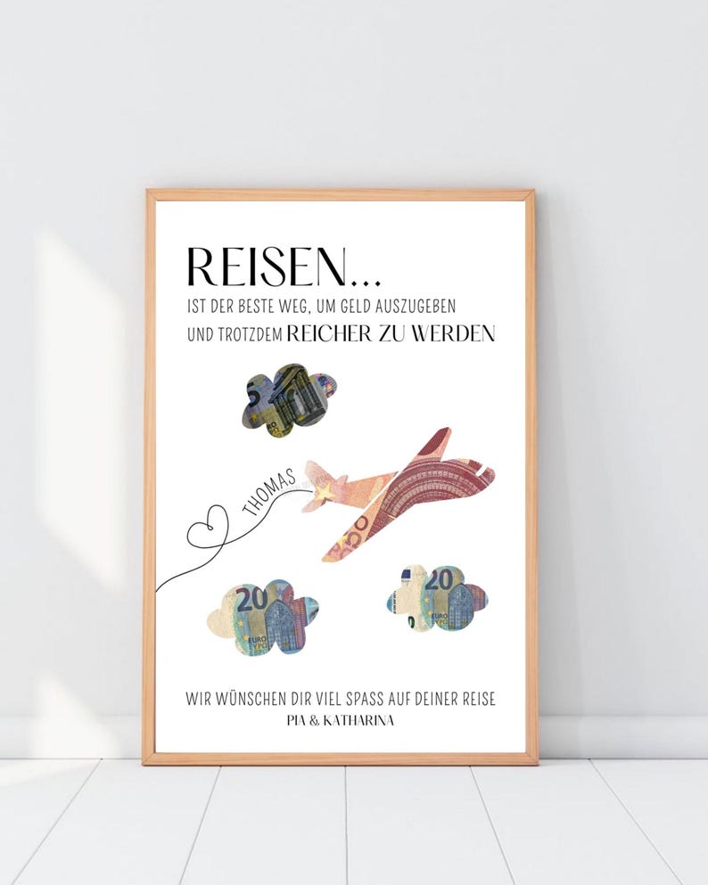 Minimalistische Geldgeschenk-Vorlage mit Flugzeug-Illustration und dem Schriftzug „Reisen ist der beste Weg um Geld auszugeben und trotzdem reicher zu werden“ auf weißem Hintergrund. Auf dem Bild ist ein Flugzeug und 3 Wolken. Diese Motive können ausgeschnitten werden und mit Geldscheinen hinterlegt werden.