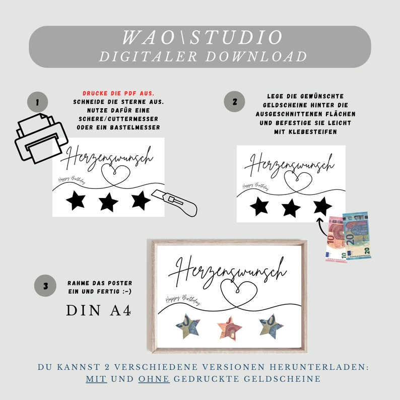 Geldgeschenk zum Geburtstag, Herzenswunsch Geburtstagskarte, Wunscherfüller Geld verpacken, Geburtstaggeschenk Vorlage zum Ausdrucken image 3