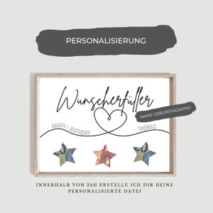 May include: A printable digital download of a personalized birthday card with a heart and stars. The text reads "Wunscherfiller" and "Happy Birthday". The card is designed for a birthday gift with money.