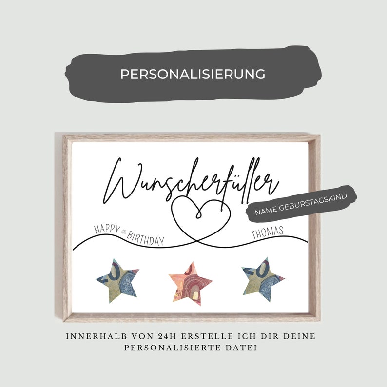 May include: A printable digital download of a personalized birthday card with a heart and stars. The text reads "Wunscherfiller" and "Happy Birthday". The card is designed for a birthday gift with money.