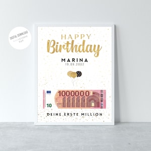 Geburtstag Geldgeschenk personalisiert mit Name - Deine erste Million Geschenk Vorlage - DIN A4 PDF - Happy Birthday - Digitale Datei