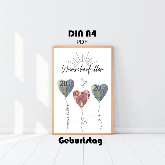 Birthday Money Gift Poster: Balloon Hearts Print (DIN A4 PDF)