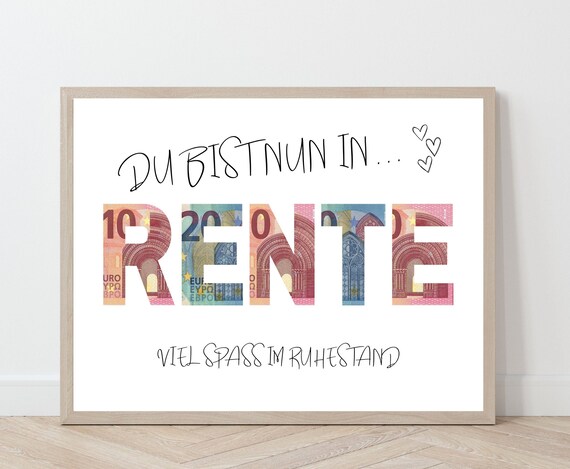 Geldgeschenk Vorlage zur Rente, Geschenkverpackung Geldschein Poster zum Ausdrucken, Geld zum Renteneintritt