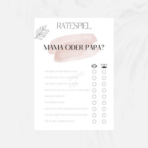 K&ouml;nnte beinhalten: Ein rosa-wei&szlig;es, druckbares Babyparty-Spiel mit dem Text "RATESPIEL MAMA ODER PAPA?" und einer Liste von Fragen zu den Eltern des Babys. Die Fragen sind auf Deutsch.