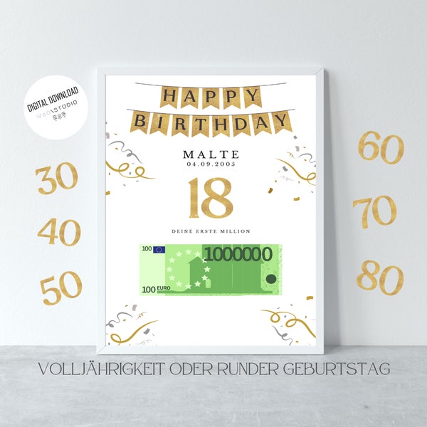 Geburtstag Geld Geschenk personalisiert, Erste Million Geldgeschenk 18., 30., 40., 50., 60., 70. ,80., DIN A4, Geschenvorlage zum ausdrucken