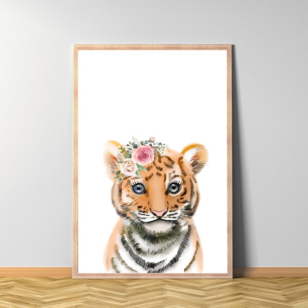 Tiger Blume Wasserfarbe, Tier Blumenkranz Poster, Dschungel TierBlumenkrone, Tierbaby Blumenschmuck Wandbild sofort Ausdruck, Digitale Datei