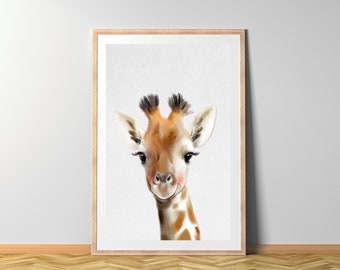 Giraffe Aquarell, Giraffe Poster, Tierkinder Wasserfarbe Safari, Tierbaby gemalt Kinderzimmer Wandkunst, Digital Download, sofort ausdrucken