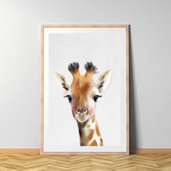 Giraffe Aquarell, Giraffe Poster, Tierkinder Wasserfarbe Safari, Tierbaby gemalt Kinderzimmer Wandkunst, Digital Download, sofort ausdrucken