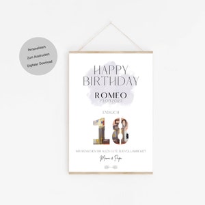 May include: A printable birthday card with a watercolor background and the text "Happy Birthday Romeo 23.09.2023 Endlich 18" with a photo collage of money in the shape of the number 18. The card also includes the text "Wir w&uuml;nschen dir alles Gute zur Vollj&auml;hrigkeit Mama & Papa".