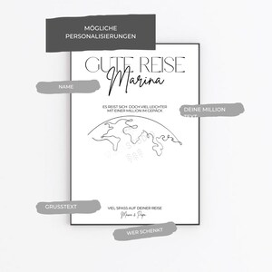 May include: A printable travel poster with the text "Gute Reise Marina" and a world map drawn in a single line. The poster also includes the text "Es reist sich doch viel leichter mit einer Million im Gep&auml;ck" and "Deine Million Text".