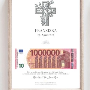 Nahaufnahme der Personalisierung mit Name (Franziska), Datum und einem individuellen Bibelvers unter dem Geld-Ausschnitt.