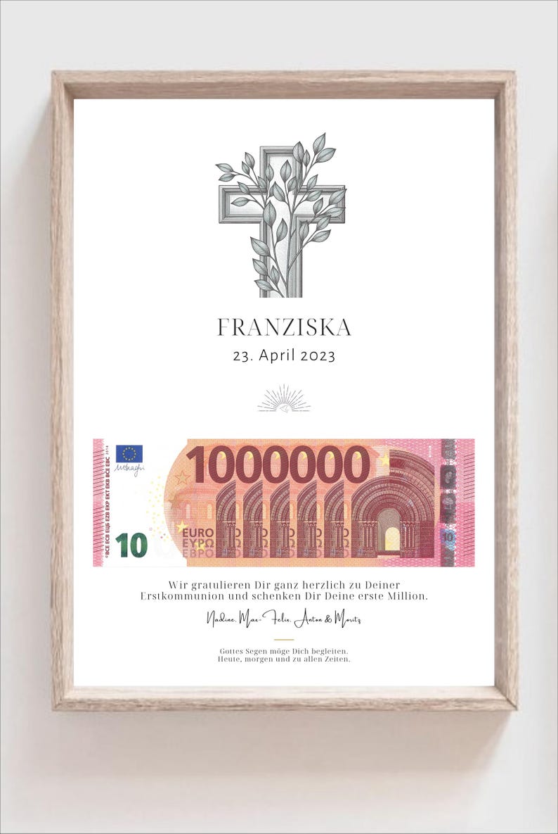Nahaufnahme der Personalisierung mit Name (Franziska), Datum und einem individuellen Bibelvers unter dem Geld-Ausschnitt.