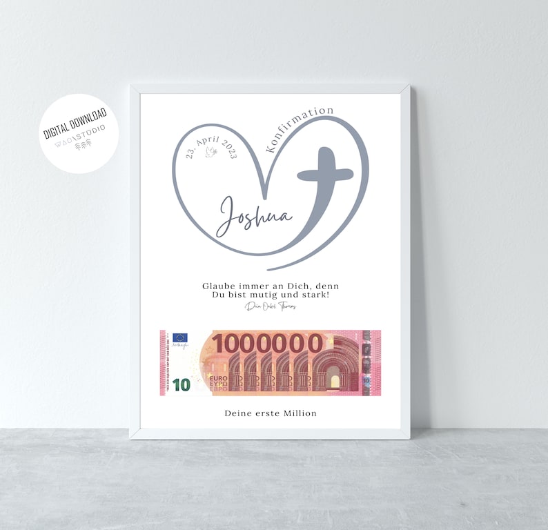 Personalisiertes Geldgeschenk zur Konfirmation, Kommunion, Firmung oder auch zur Taufe mit dem Titel „Deine erste Million“, einem modernen Herz-Kreuz-Motiv und Platz für Geldscheine.