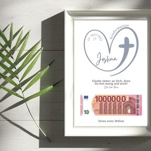 Personalisiertes Geldgeschenk zur Konfirmation, Kommunion, Firmung oder auch zur Taufe mit dem Titel „Deine erste Million“, einem modernen Herz-Kreuz-Motiv und Platz für Geldscheine.