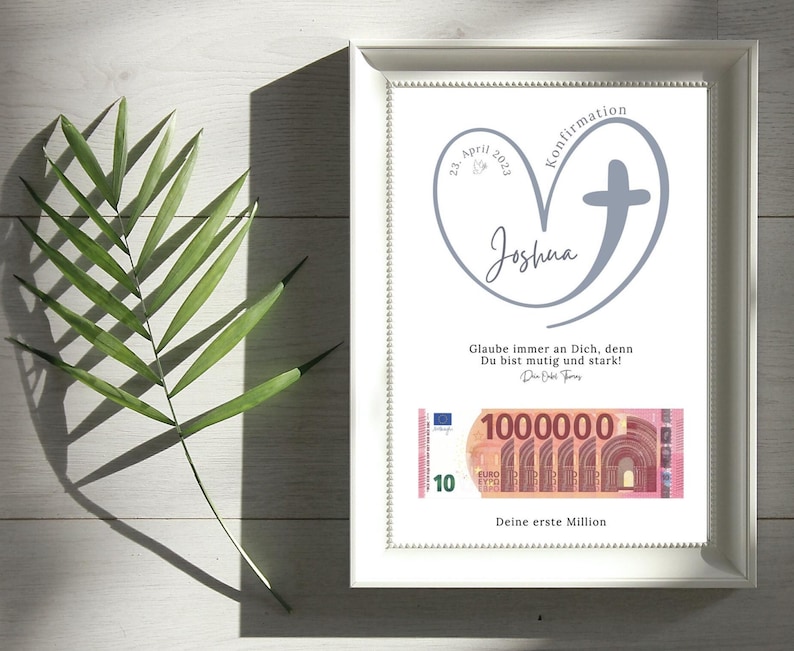 Personalisiertes Geldgeschenk zur Konfirmation, Kommunion, Firmung oder auch zur Taufe mit dem Titel „Deine erste Million“, einem modernen Herz-Kreuz-Motiv und Platz für Geldscheine.