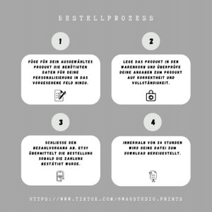 以下が含まれることがあります： 「BESTELLPROZESS」の文字と、注文の手順が番号で示されたグレーのグラフィック。各ステップは、テキストとアイコンが入った白いボックスに表示されています。グラフィックの下部にはTikTokのURLが含まれています。