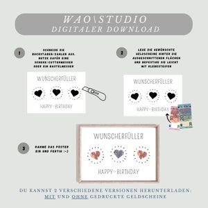 Puede incluir: Una tarjeta de cumplea&ntilde;os DIY imprimible con instrucciones sobre c&oacute;mo crear una tarjeta de regalo de dinero. La tarjeta presenta tres corazones con el texto "Feliz cumplea&ntilde;os" y las palabras "Wunschersch&uuml;ller", que se traduce como "Relleno de deseos".