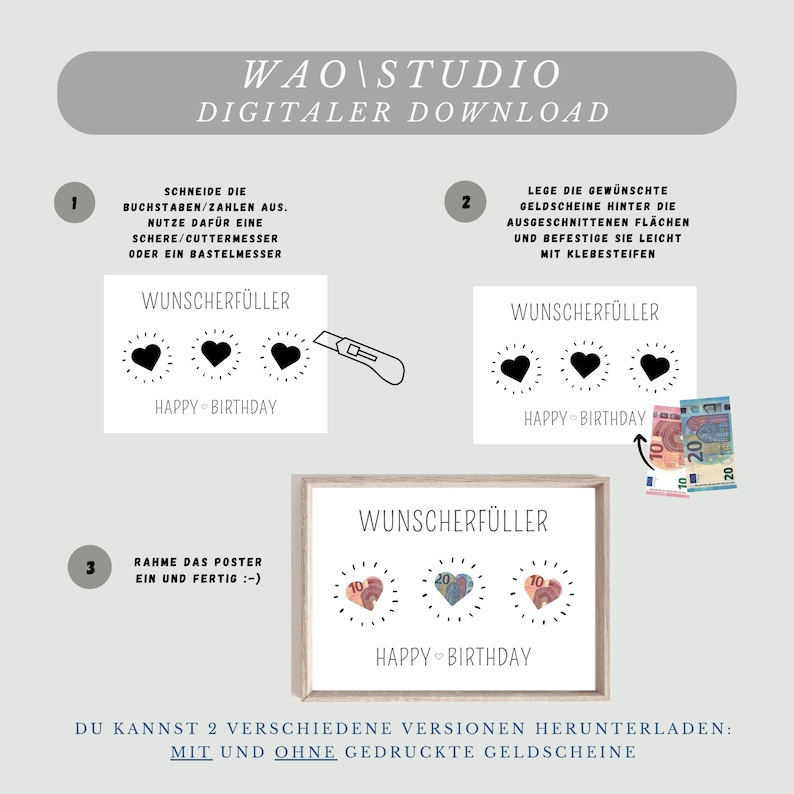 Puede incluir: Una tarjeta de cumplea&ntilde;os DIY imprimible con instrucciones sobre c&oacute;mo crear una tarjeta de regalo de dinero. La tarjeta presenta tres corazones con el texto "Feliz cumplea&ntilde;os" y las palabras "Wunschersch&uuml;ller", que se traduce como "Relleno de deseos".