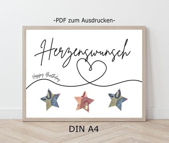 Geldgeschenk zum Geburtstag, Herzenswunsch Geburtstagskarte, Wunscherfüller Geld verpacken, Geburtstaggeschenk Vorlage zum Ausdrucken