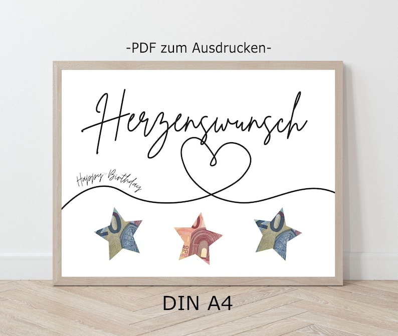 Geldgeschenk zum Geburtstag, Herzenswunsch Geburtstagskarte, Wunscherfüller Geld verpacken, Geburtstaggeschenk Vorlage zum Ausdrucken image 1