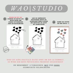 以下が含まれることがあります： 家の形をしたお金のギフトのための印刷可能なPDFテンプレート。テンプレートには、屋根にハートと煙突のある家が含まれています。家は、中に名前が書かれたセクションに分けられています。テンプレートは、セクションの中に置かれた紙幣ありとなしで表示されます。テンプレートのテキストには、「DRUCKE DIE PDF AUS. SCHNEIDE DIE MOTIVE AUS. NUTZE DAF&Uuml;R EINE SCHERE/CUTTERMESSER ODER EIN BASTELMESSER」と「LEGE DIE GEW&Uuml;NSCHTE GELDSCHEINE HINTER DIE AUSGESCHNITTENEN FL&Auml;CHEN UND BEFESTIGE SIE LEICHT MIT KLEBESTEIFEN」と書いてあります。