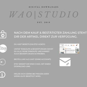May include: A gray graphic with the text "DIGITAL DOWNLOADS" and "WAO|STUDIO EST. 2019". Instructions on how to download the digital product are included, along with Etsy and email icons.