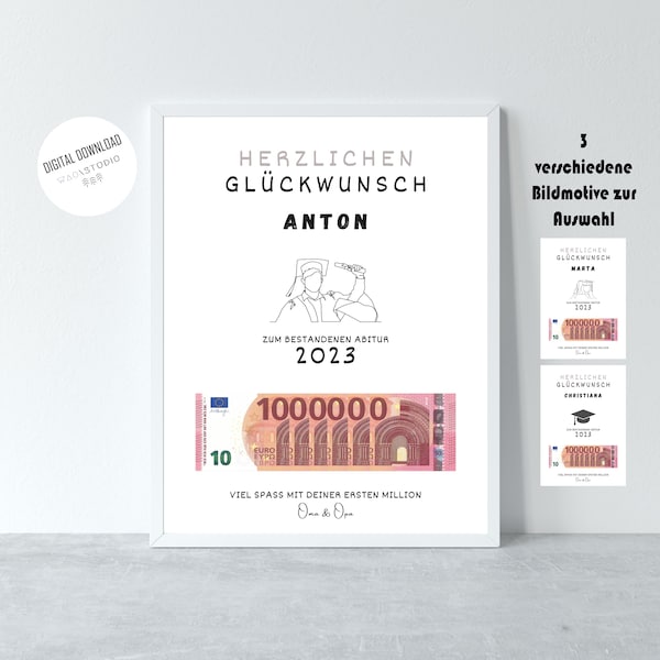 Abitur Geldgeschenk, Matura Schulabschluss, Absolvent, Deine Erste Million, bestandene Prüfung, Personalisiert Poster A4, Digitaler Download