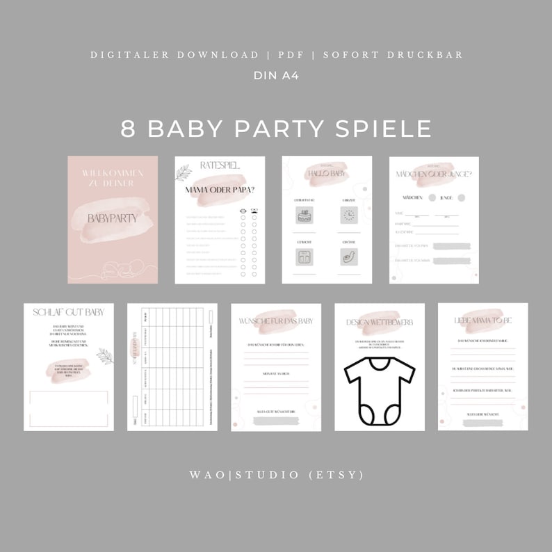K&ouml;nnte beinhalten: Ein Set mit 8 druckbaren Babyparty-Spielen in Rosa und Wei&szlig; mit einem Aquarell-Hintergrund. Die Spiele beinhalten "Willkommen zu deiner Babyparty", "Errate das Babyessen", "Wer kennt Mama am besten", "Baby Bingo", "Errate den Babyartikel", "Babyparty-Mad Libs", "Babykleidung-Design-Wettbewerb" und "Baby-Ratschl&auml;ge f&uuml;r frischgebackene Eltern".