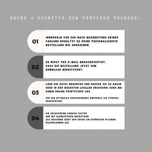 May include: Four steps to a finished product: 1. Receive your personalised order within 24 hours of payment. 2. You will be notified by email when your order is ready to download. 3. Download and print at home, a local print shop, or an online print studio. 4. Fold and attach the money bills with adhesive tape. The finished product looks best in a picture frame.