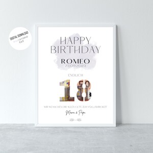 May include: A printable birthday card with a watercolor background and the text "Happy Birthday Romeo 23.09.2023" and "Endlich 18". The number 18 is made of a euro banknote. The text "Wir w&uuml;nschen dir alles Gute zur Vollj&auml;hrigkeit Mama & Papa" is at the bottom of the card.