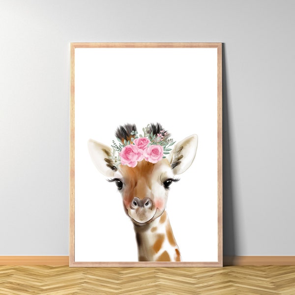 Giraffe Blume, Giraffe Wasserfarbe Blumenkranz Poster, Tier mit Blumenkrone, Tierbaby Blumenschmuck Wandbild, sofort Ausdruck, Digital Datei