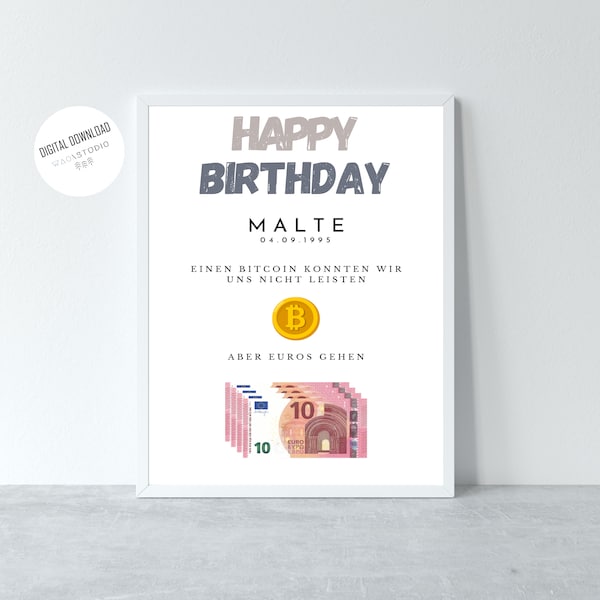 Geburtstagsgeschenk Geldgeschenk,  Geburtstag Geldgeschenk Bitcoin personalisiert mit Name, Geldschein, DIN A4 PDF Digitaler Download