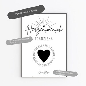 May include: Black and white printable wall art with the text "Herzensmensch" and "Franziska". The text is surrounded by a black heart with the text "Traumen. Mit dir kann man lachen. Weinen und" around the heart.