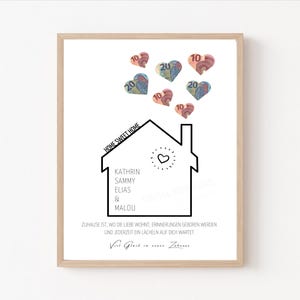以下が含まれることがあります： 「Home Sweet Home」という文字が書かれた家の白黒のイラスト。家は中央にハートがあり、その下にカトリン、サミー、エリアス、マルーの名前が書かれている。家の周りに、10と20の数字が書かれたカラフルな紙のハートがいくつか散らばっている。