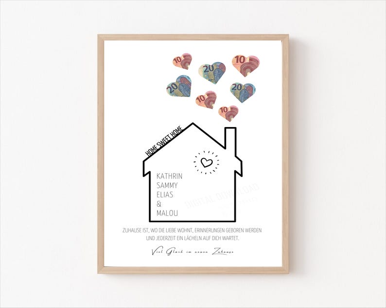 以下が含まれることがあります： 「Home Sweet Home」という文字が書かれた家の白黒のイラスト。家は中央にハートがあり、その下にカトリン、サミー、エリアス、マルーの名前が書かれている。家の周りに、10と20の数字が書かれたカラフルな紙のハートがいくつか散らばっている。