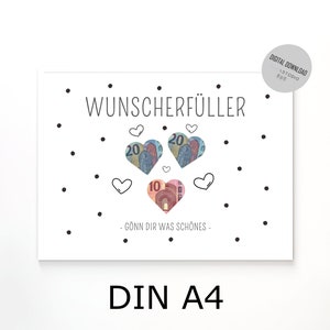 May include: A printable card with the text "WUNSCHERF&Uuml;LLER" and "G&Ouml;NN DIR WAS SCH&Ouml;NES" in black text. The card has a black and white polka dot pattern and features hearts with images of Euro bills inside. The card is labeled "DIN A4".