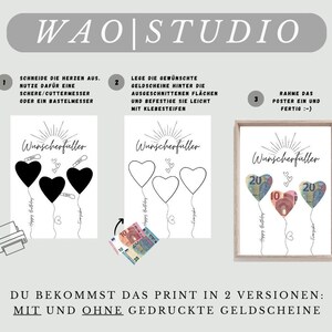 May include: A printable DIY birthday card with instructions on how to create a money balloon card. The card features a black and white illustration of three balloons with hearts on them. The text on the card reads "Wunscherfaller" which translates to "Wish-faller".