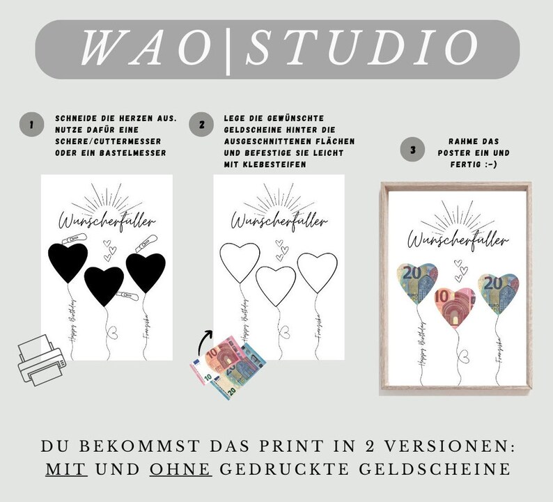 May include: A printable DIY birthday card with instructions on how to create a money balloon card. The card features a black and white illustration of three balloons with hearts on them. The text on the card reads "Wunscherfaller" which translates to "Wish-faller".