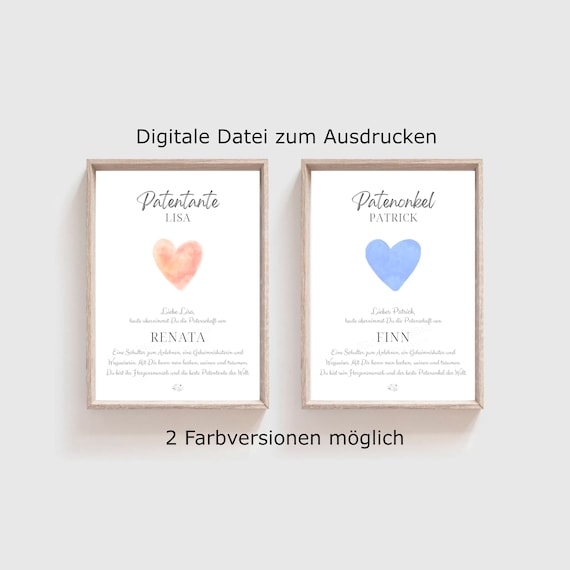 Patenurkunde mit Herz Geschenk personalisiert - Patenonkel Patentante - Pate Taufe Urkunde - Patenbrief Vorlage DIN A4 - Digitaler Download