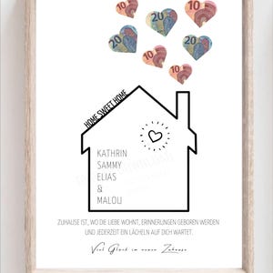 以下が含まれることがあります： 「Home Sweet Home」という文字が書かれた家の白黒のイラスト。家の内側に、カトリン、サミー、エリアス、マロウの名前が書かれている。家の下に「Zuhause ist, wo die Liebe wohnt, Erinnerungen geboren werden und jederzeit ein L&auml;cheln auf dich wartet.」という文章が書かれている。家の周りに、お金の札でできたハートがいくつか散らばっている。