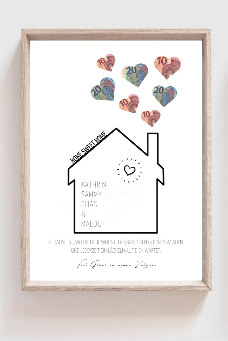 以下が含まれることがあります： 「Home Sweet Home」という文字が書かれた家の白黒のイラスト。家の内側に、カトリン、サミー、エリアス、マロウの名前が書かれている。家の下に「Zuhause ist, wo die Liebe wohnt, Erinnerungen geboren werden und jederzeit ein L&auml;cheln auf dich wartet.」という文章が書かれている。家の周りに、お金の札でできたハートがいくつか散らばっている。